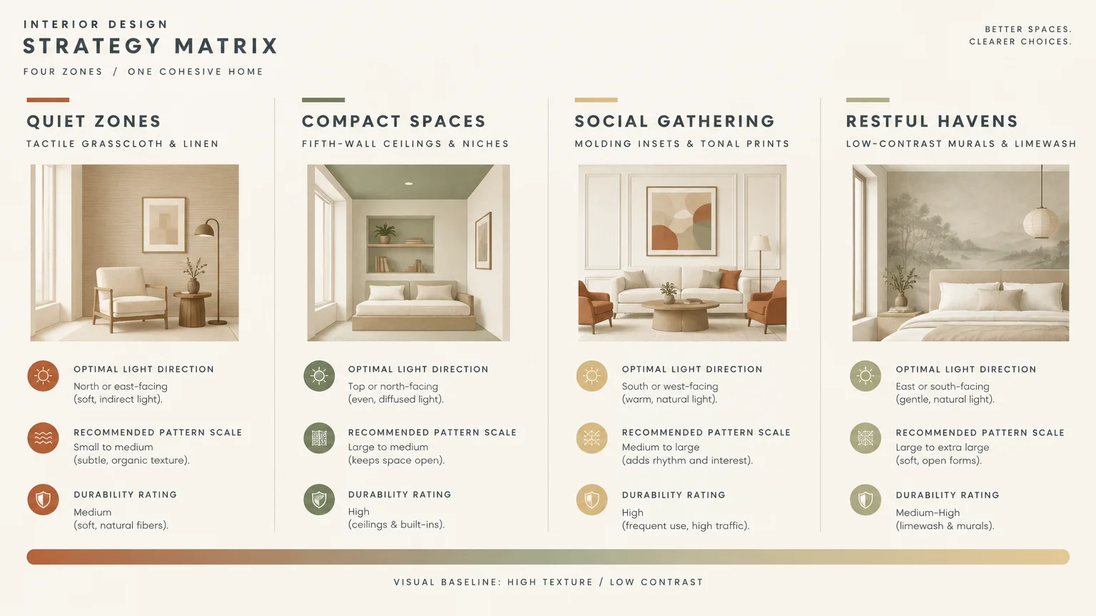 Interior design matrix diagram comparing wallpaper styles, light directions, pattern scales, and durability for four rooms.