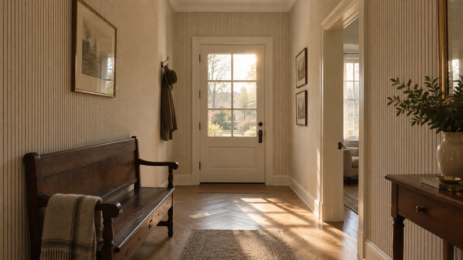 Entryway with striped wallpaper, a dark wooden bench, herringbone wood floor, and sunlight through a glass front door.