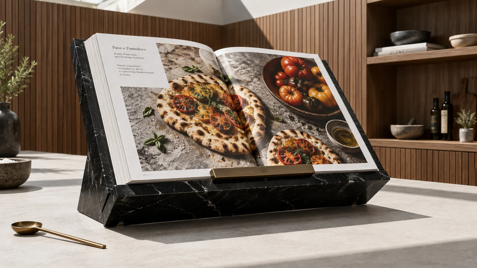 Open cookbook on a black marble bookstand with a brass lip, displayed on a kitchen counter beside a small spoon.