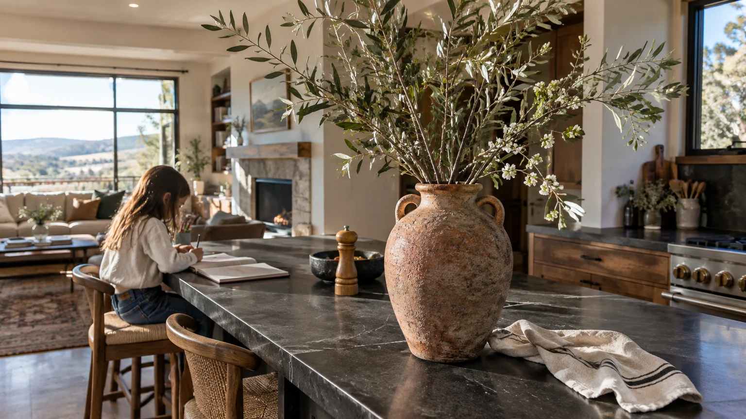 Earthenware amphora with leafy branches on a dark stone kitchen island as a child draws in the background.