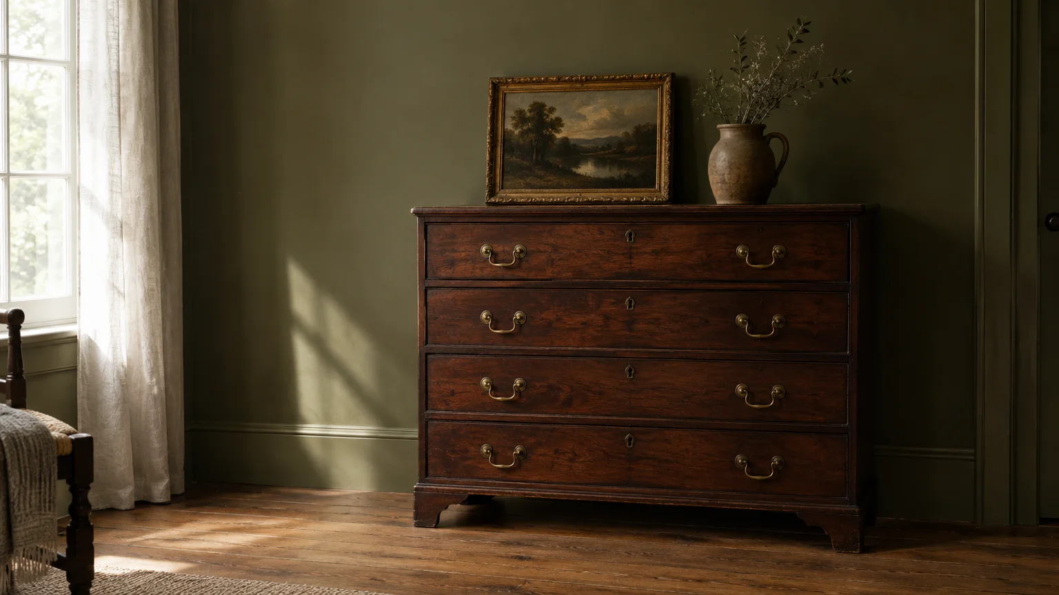 Antique dark wood dresser with brass pulls set against an olive green wall beside a sunlit window.