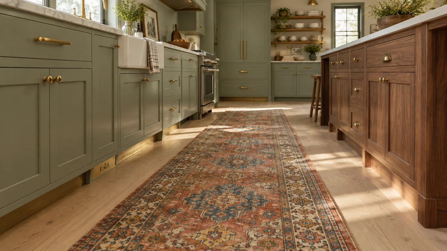 Patterned vintage runner rug stretching down the wood floor between sage green kitchen cabinets and a wood island.