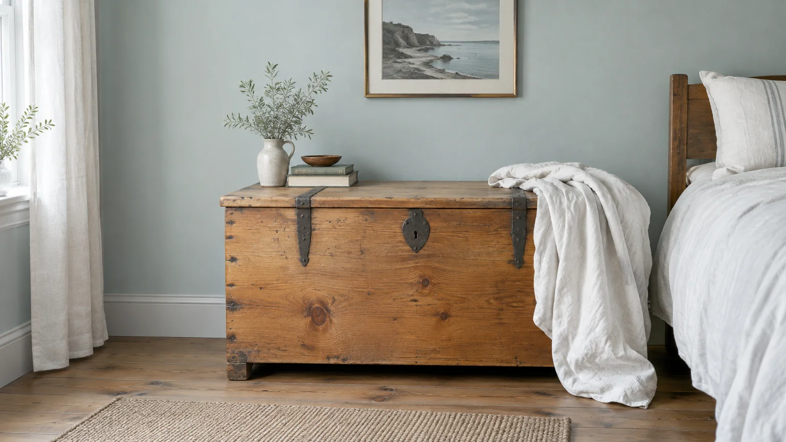 Rustic wooden trunk with metal hardware beside a bed, set against a muted duck egg blue wall with framed wall art.