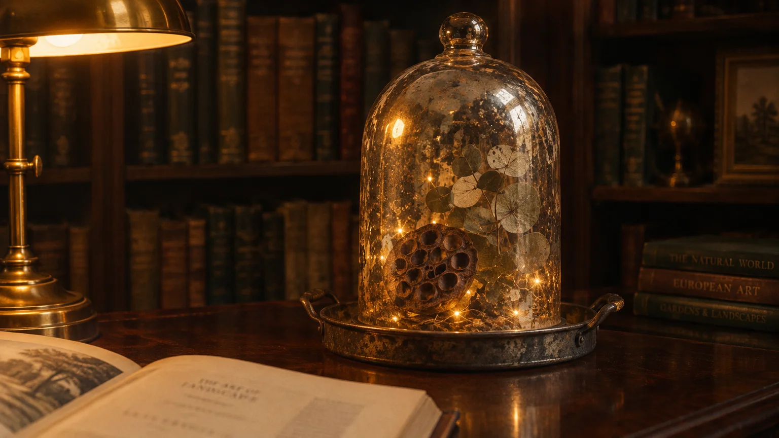 Antiqued glass cloche glowing with fairy lights, dried leaves, and a lotus pod on a wooden library desk.
