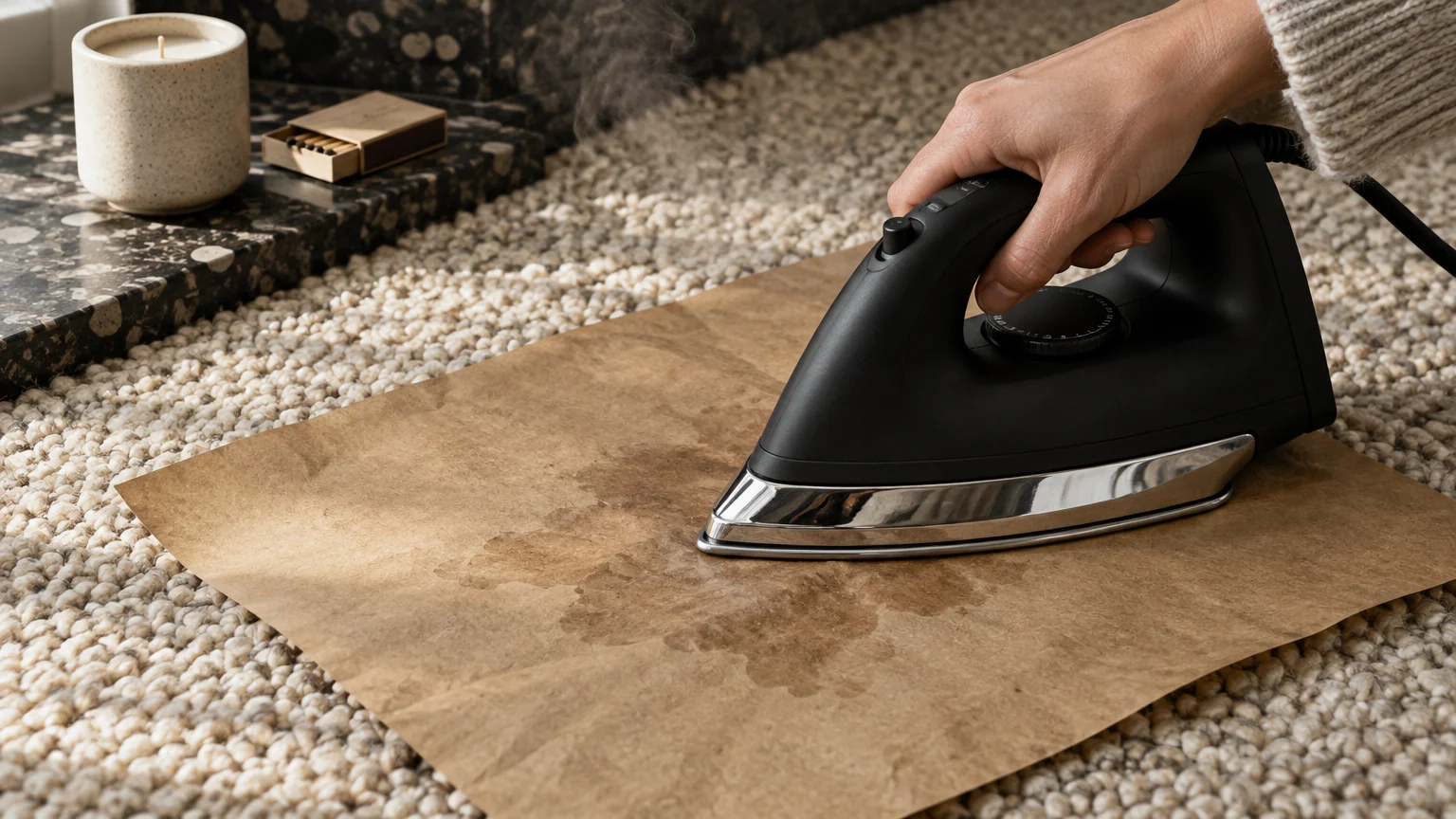 A person glides a steaming clothes iron over brown paper laid across a textured beige carpet.