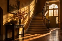 Grand foyer with a curved staircase, wood floors, and warm autumn sunlight streaming through large arched windows.