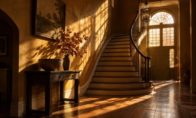 Grand foyer with a curved staircase, wood floors, and warm autumn sunlight streaming through large arched windows.