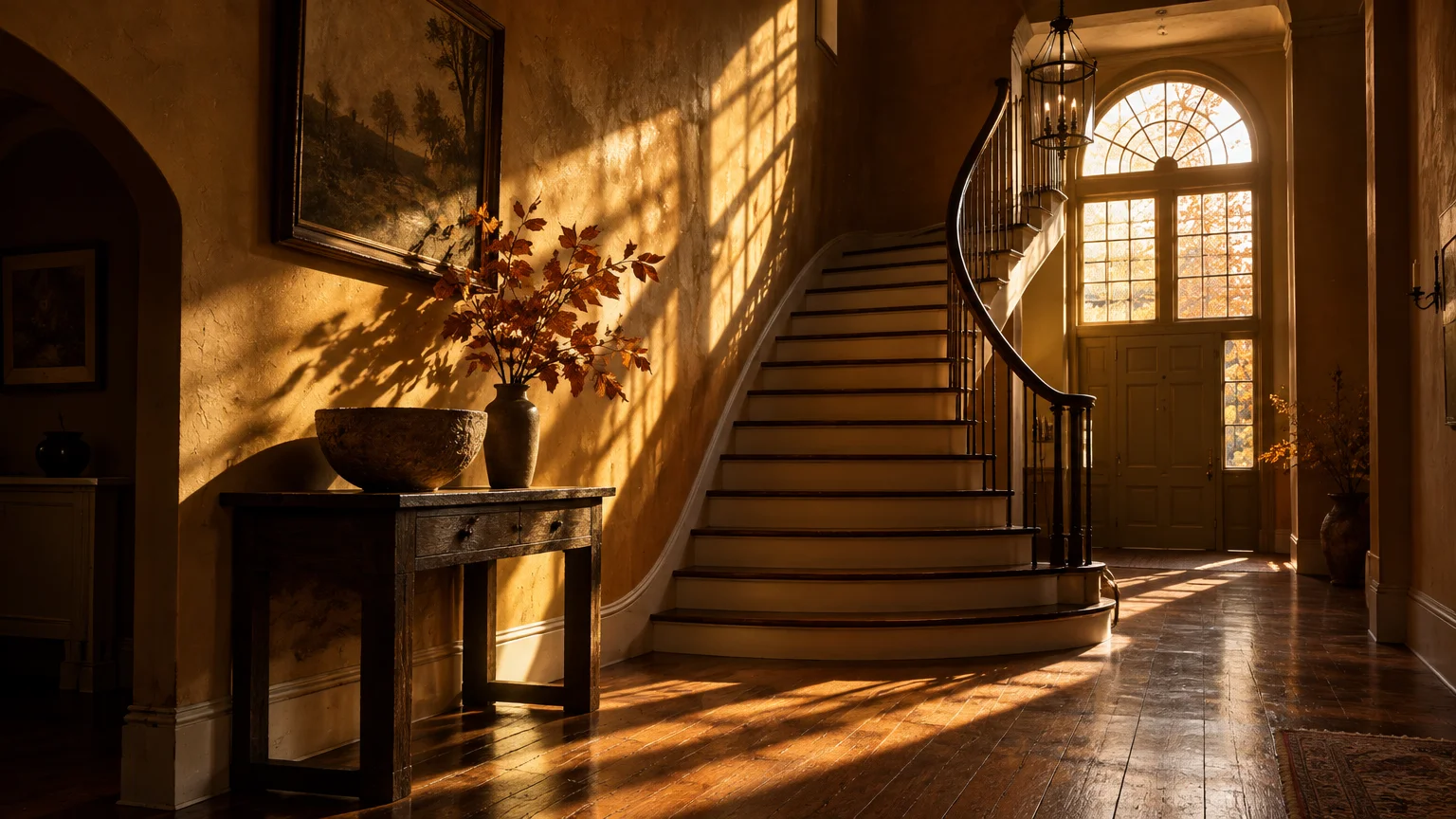 Grand foyer with a curved staircase, wood floors, and warm autumn sunlight streaming through large arched windows.