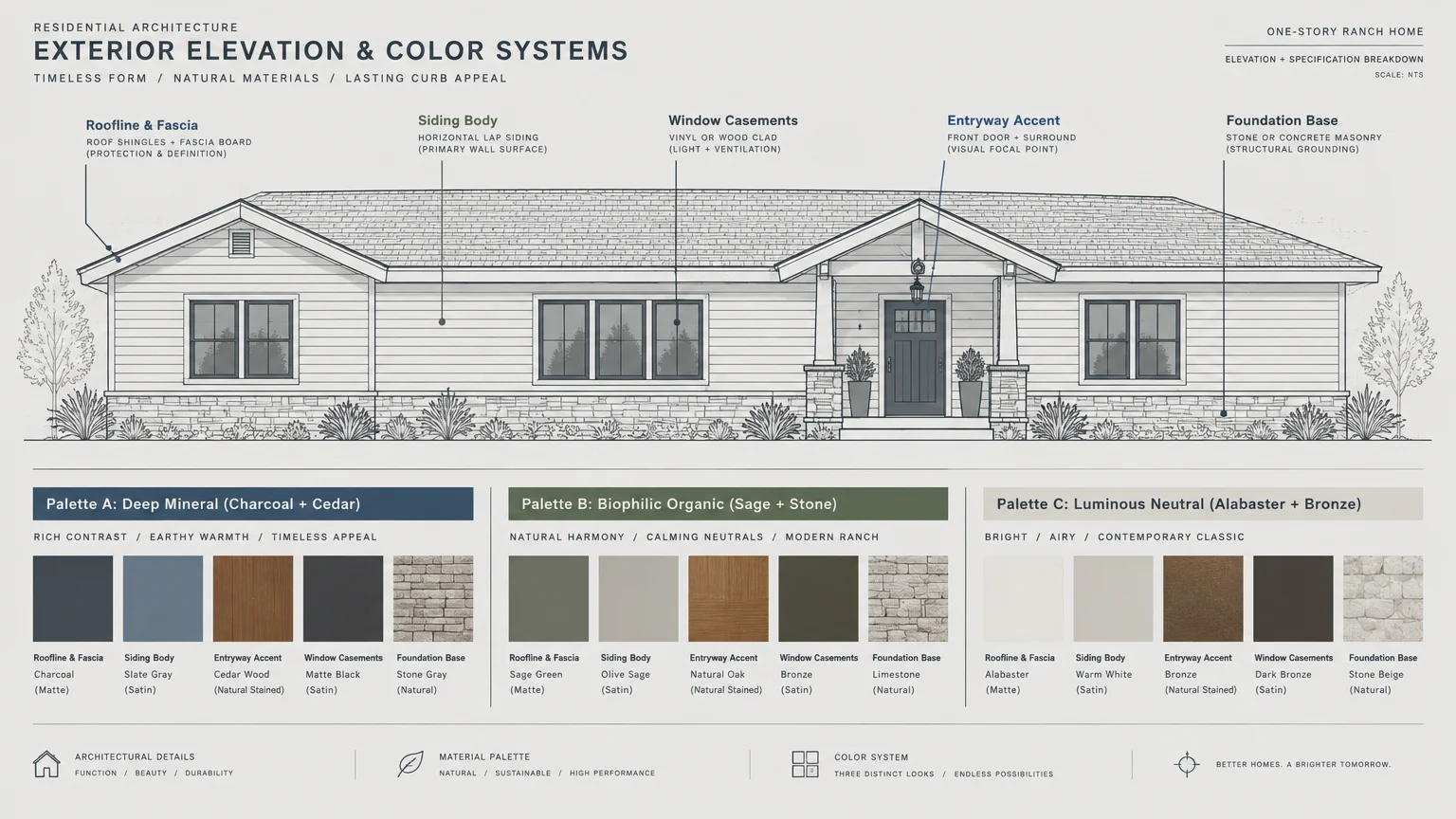 Architectural elevation diagram of a ranch house labeling exterior zones above three curated color palette swatches.