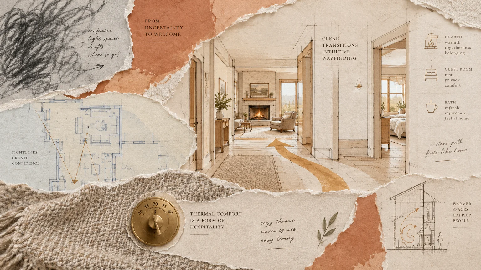 Mixed-media collage with torn paper showing architectural sketches of a hallway, a blueprint, text, and a brass thermostat dial.
