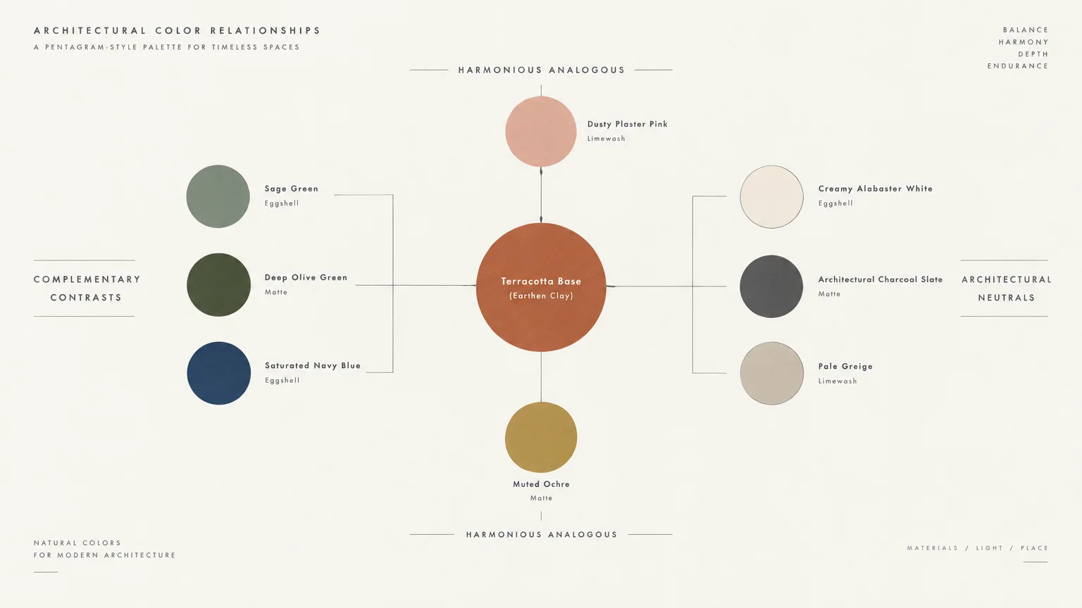 Color relationship diagram connecting eight paint swatches around a central Terracotta Base circle.