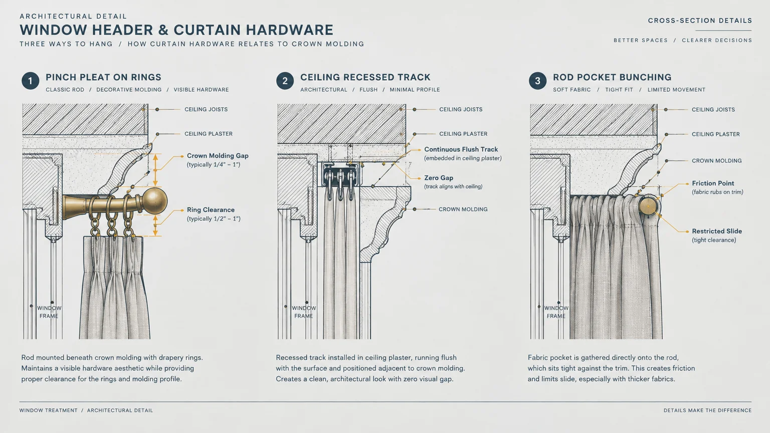 Architectural diagram showing cross sections of three curtain hardware heading styles installed beside crown molding.
