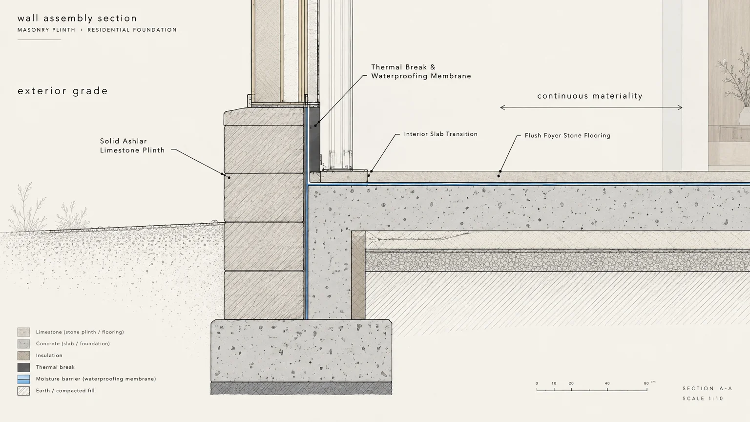 Architectural cross section diagram showing an ashlar limestone plinth transitioning into flush interior stone flooring.