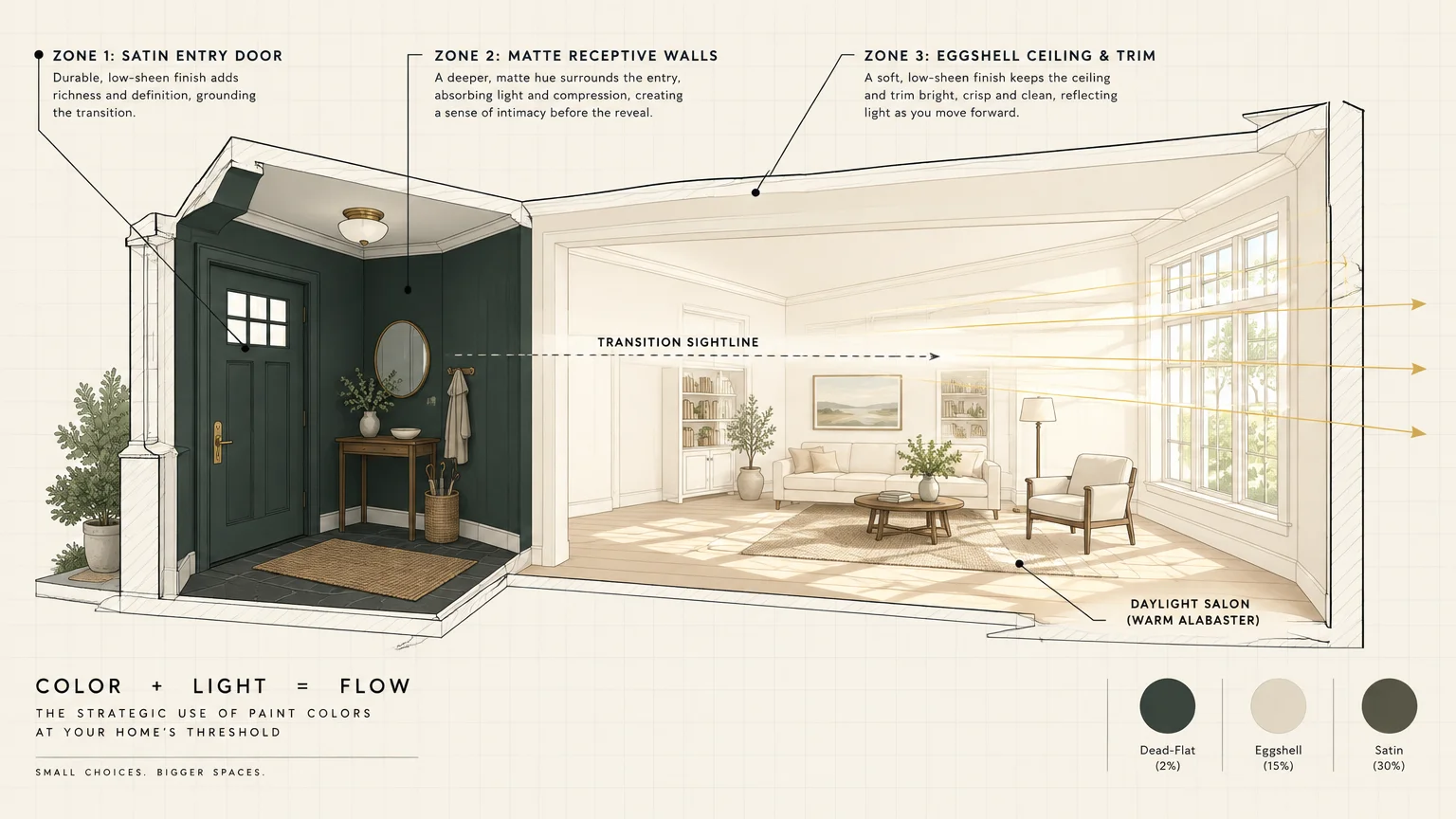 Cutaway diagram showing a dark green entryway transitioning along sightlines into a bright, sunlit white living room.