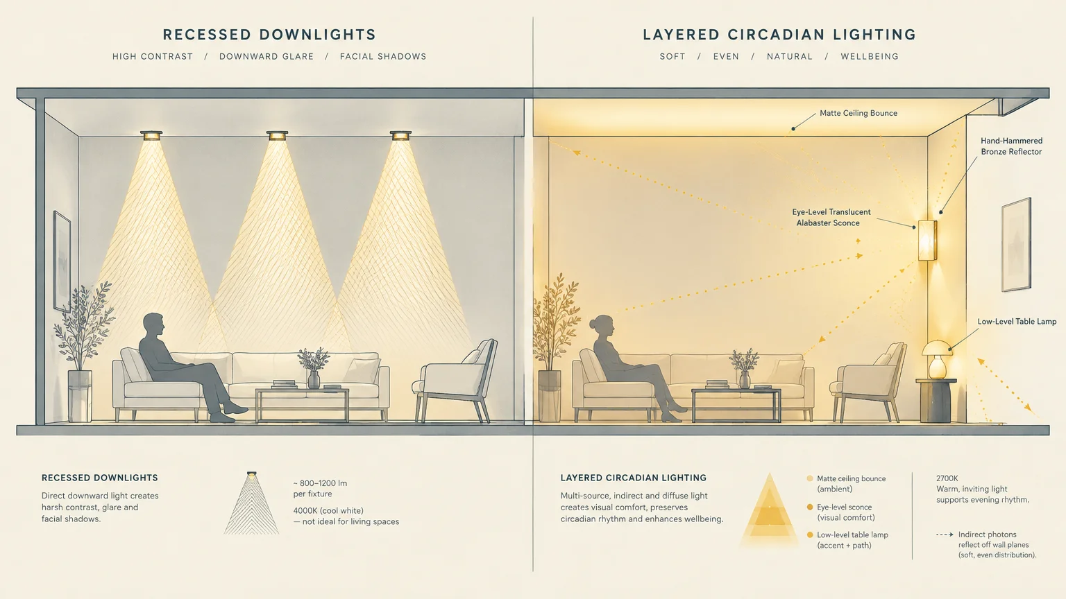 Diagram comparing harsh recessed downlights in a living room on the left with layered sconce and table lighting on the right.