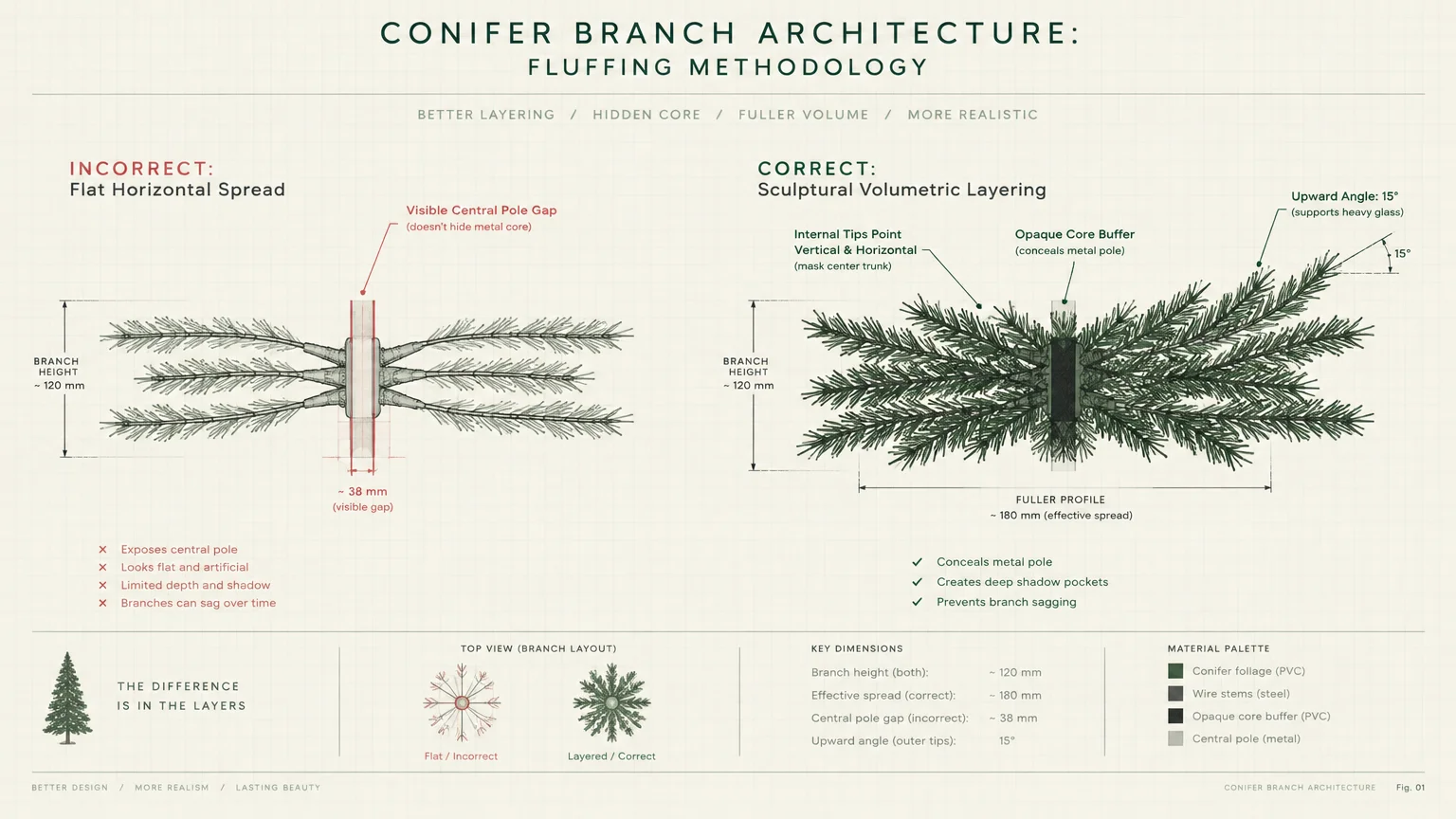 Diagram comparing incorrect flat artificial tree branch fluffing to correct volumetric layering with angled tips.