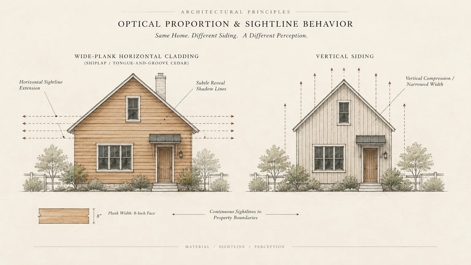 Architectural diagram comparing horizontal wide-plank siding with vertical siding on identical house elevations.