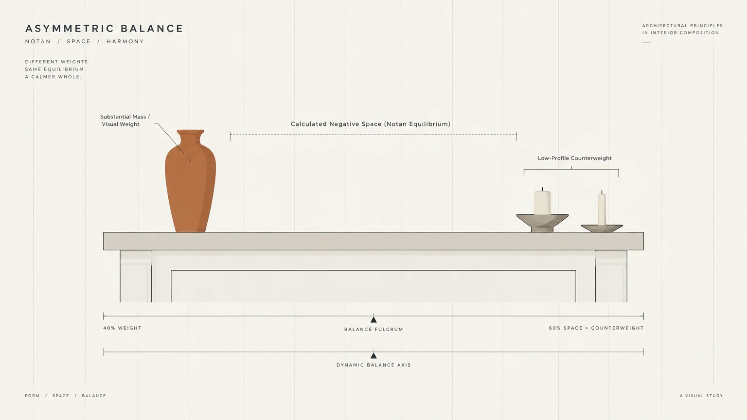 Diagram of asymmetric mantel balance showing a tall terracotta vase on the left counterweighted by candles on the right.