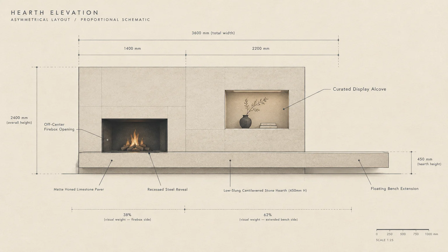 Architectural diagram schematic of an asymmetrical hearth elevation showing dimensions, off-center firebox, and floating bench.