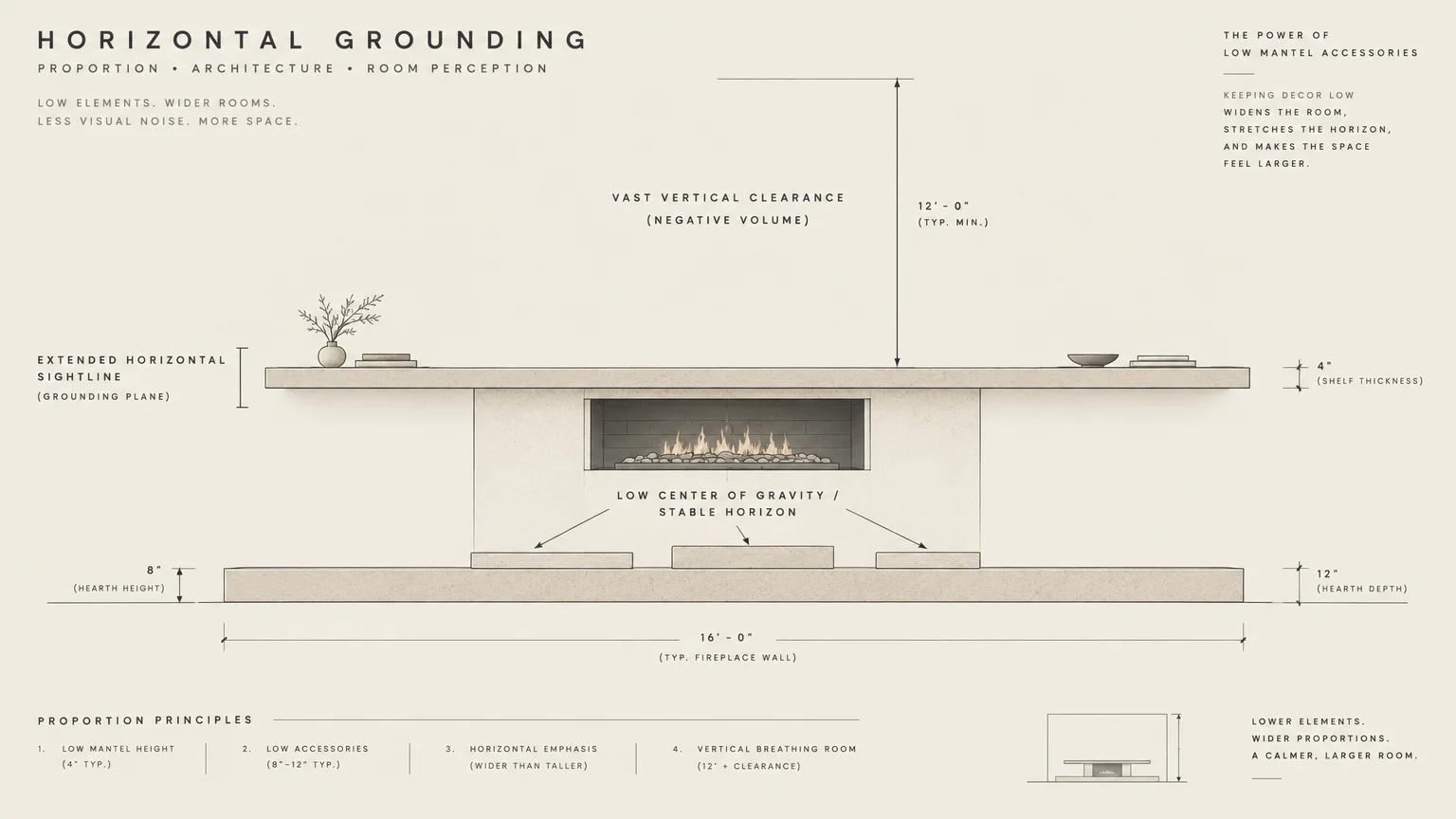 Architectural diagram of a wide modern fireplace and mantel displaying low accessories and vertical clearance dimensions.