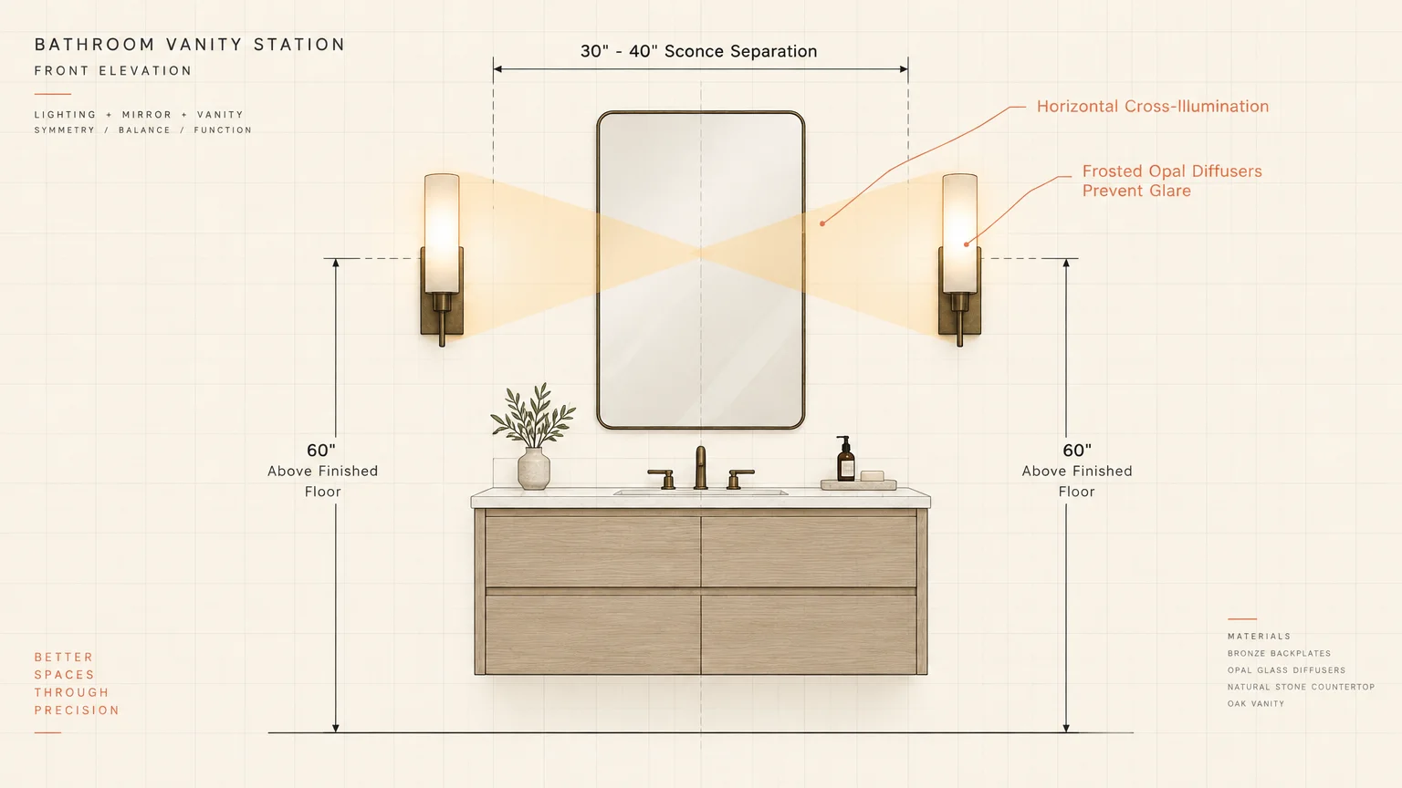 Elevation diagram of a bathroom vanity with measurements showing sconces mounted sixty inches high and cross-illuminating.