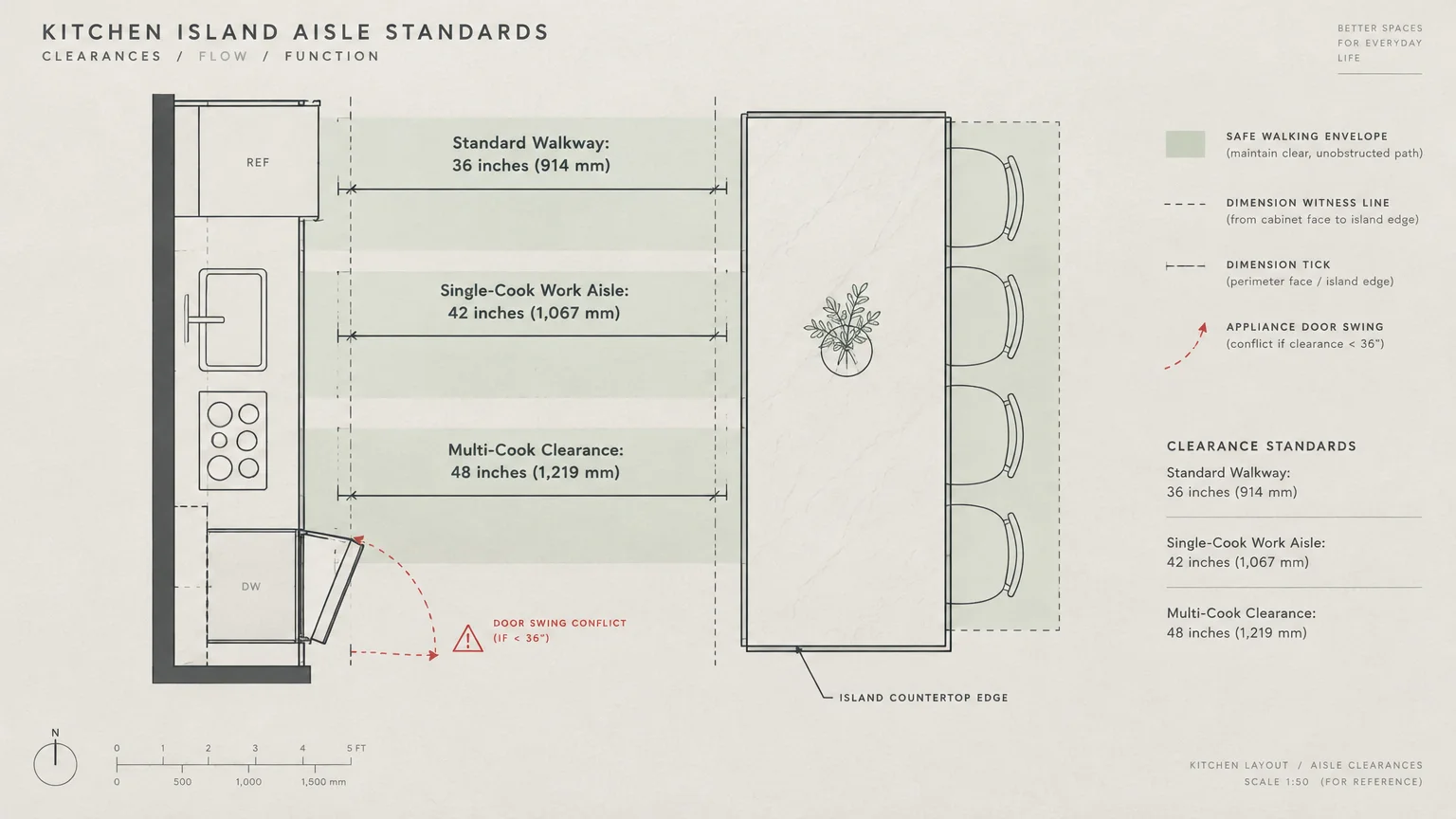 Floor plan diagram illustrating kitchen island aisle clearances for standard walkways, single-cook, and multi-cook aisles.