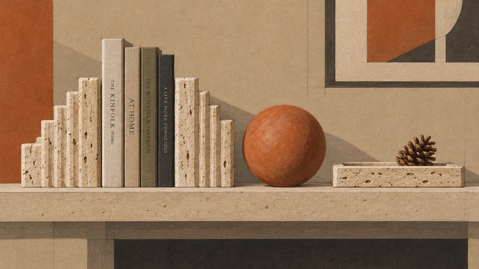 Illustration of stepped travertine bookends holding books, a round terracotta sphere, and a stone tray on a mantel.