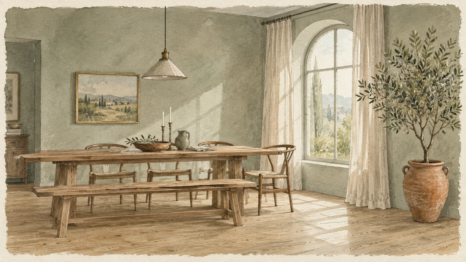 Watercolor illustration of a rustic dining room with green walls, wood table and floor, arched window, and potted olive tree.
