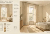 Architectural illustration of a sunlit bedroom featuring high-mounted linen drapes beside a floor plan and swatches.