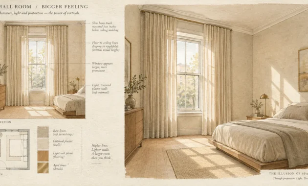 Architectural illustration of a sunlit bedroom featuring high-mounted linen drapes beside a floor plan and swatches.