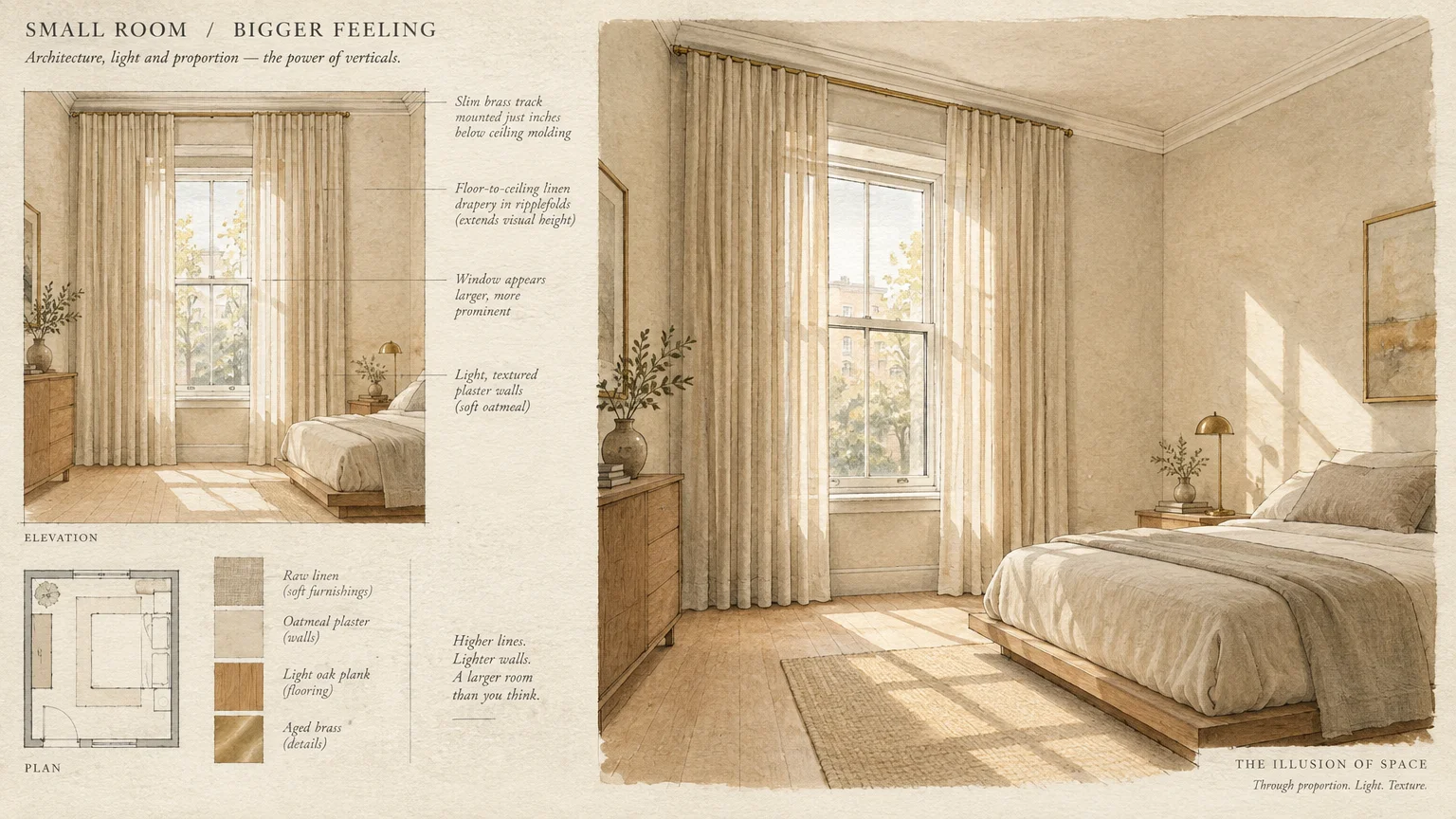 Architectural illustration of a sunlit bedroom featuring high-mounted linen drapes beside a floor plan and swatches.