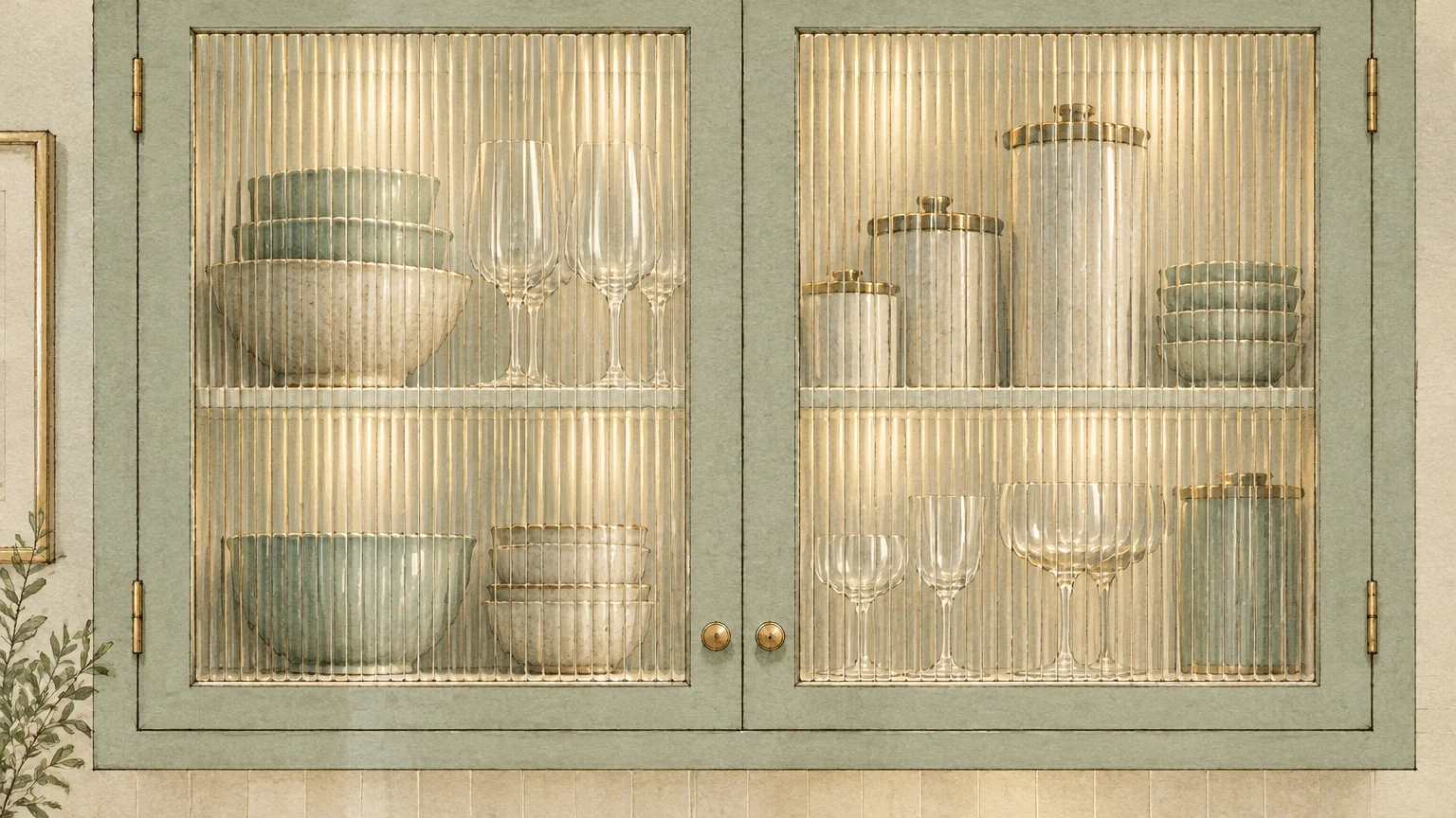 Illustration of sage green kitchen cabinets with vertically grooved fluted glass doors displaying dishes and glassware.