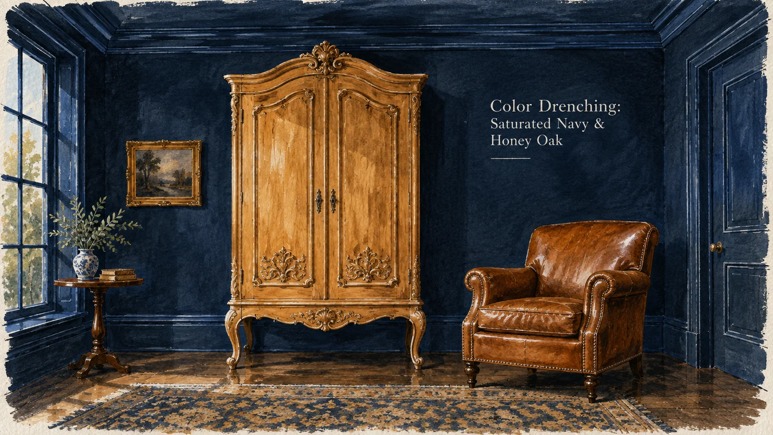 Watercolor illustration of a carved honey oak armoire and cognac leather armchair in a dark blue drenched room.