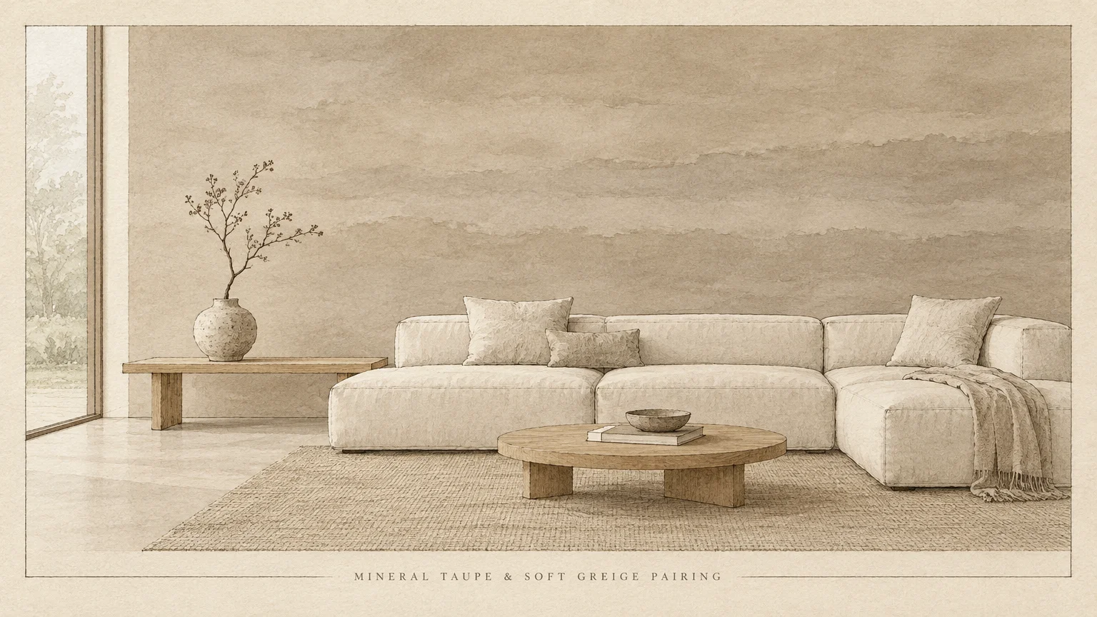 Illustration of a cream sectional sofa, wooden coffee table, and bench against a textured mineral taupe wall.