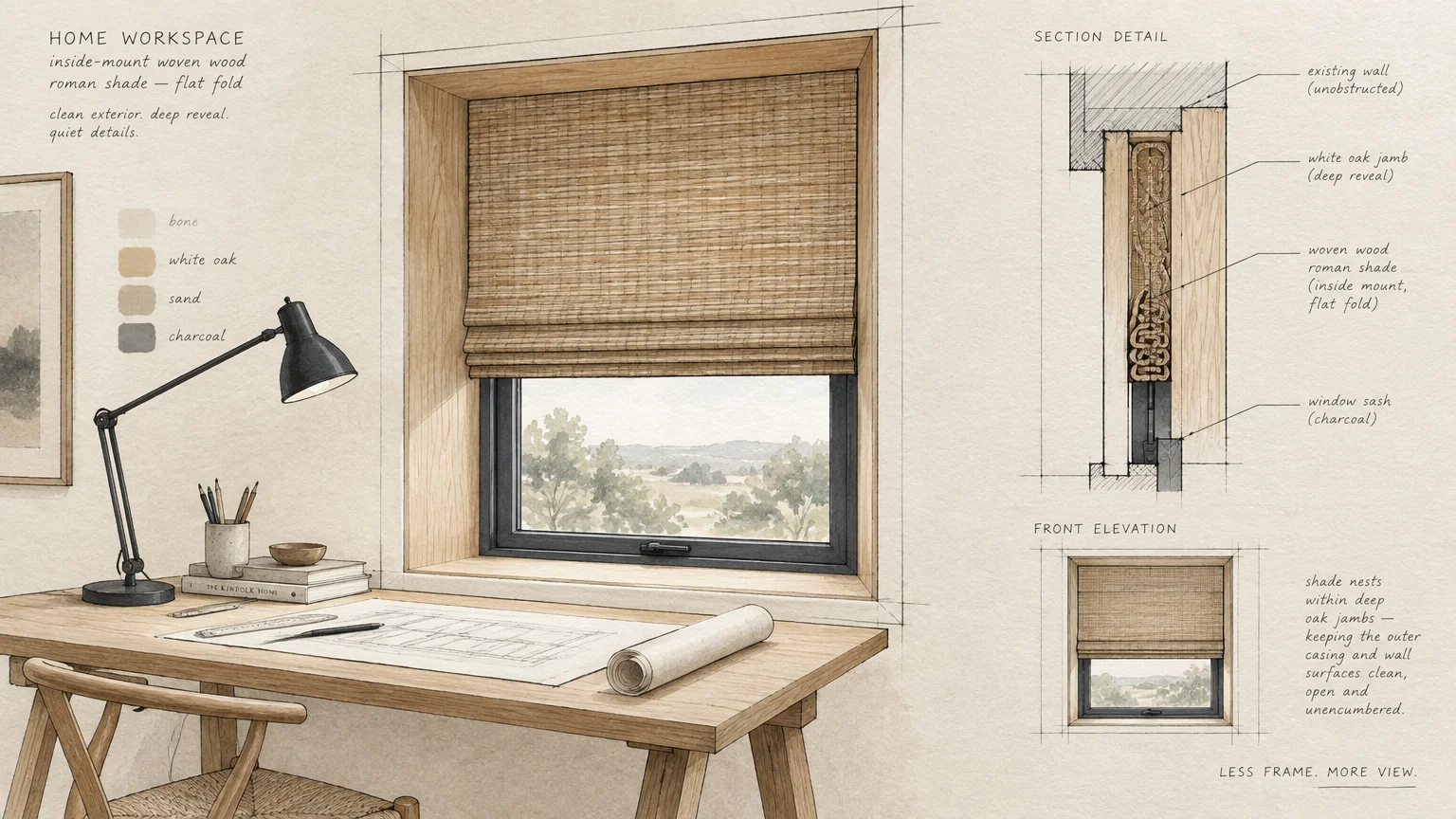 Architectural illustration of an inside-mount woven wood shade over a desk, with detailed section and elevation diagrams.