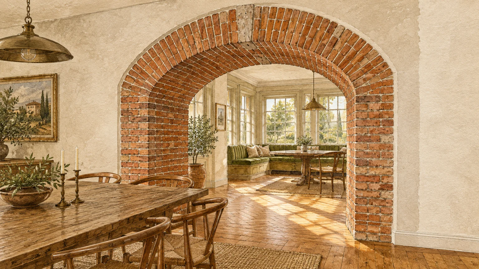 Illustration of a red brick archway opening from a dining room into a sunlit breakfast nook with wraparound windows.