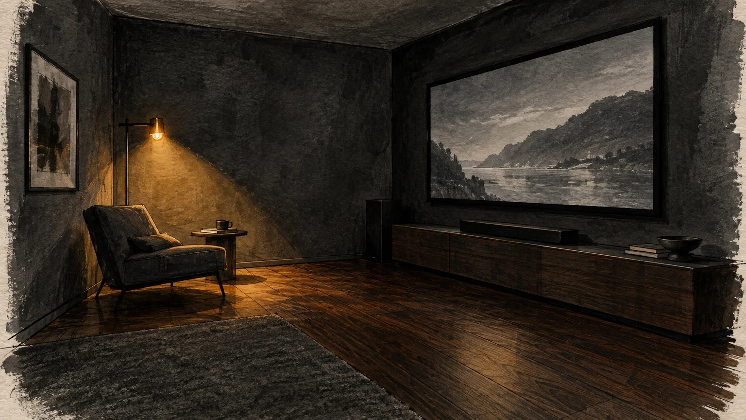 Illustration of a moody living room with dark charcoal walls, rich walnut wood floors, a projector screen, and an armchair.