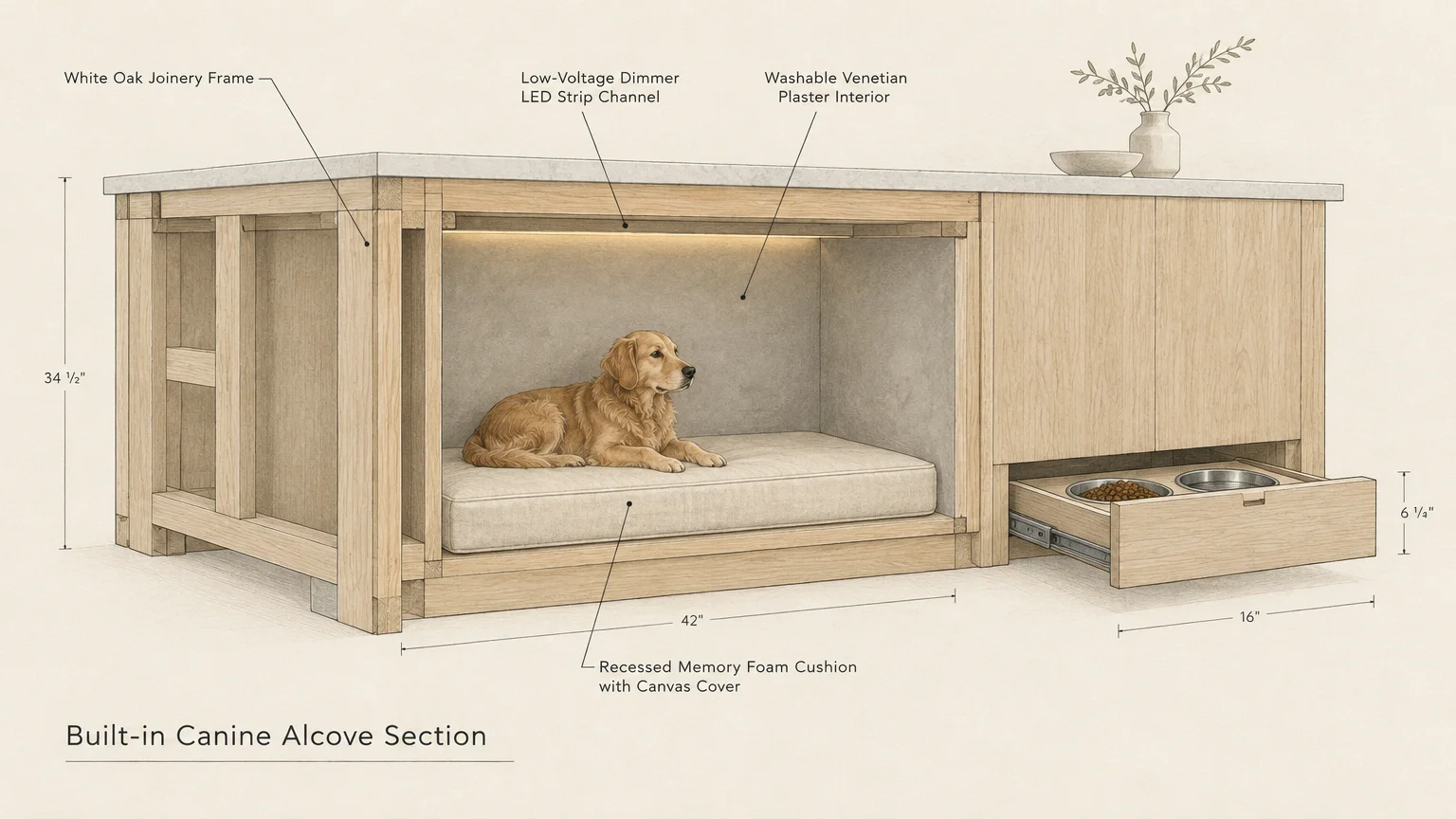 Diagram of a wooden kitchen island with an integrated dog bed alcove and pull-out food drawer, showing dimension labels.