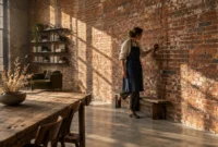 A woman in an apron touches a large exposed brick wall in a sunlit room with wooden furniture and tall windows.