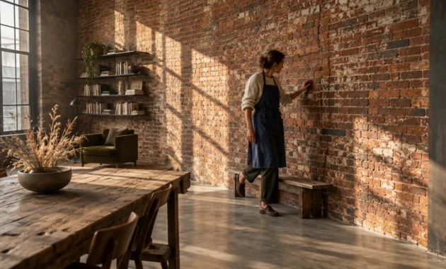 A woman in an apron touches a large exposed brick wall in a sunlit room with wooden furniture and tall windows.