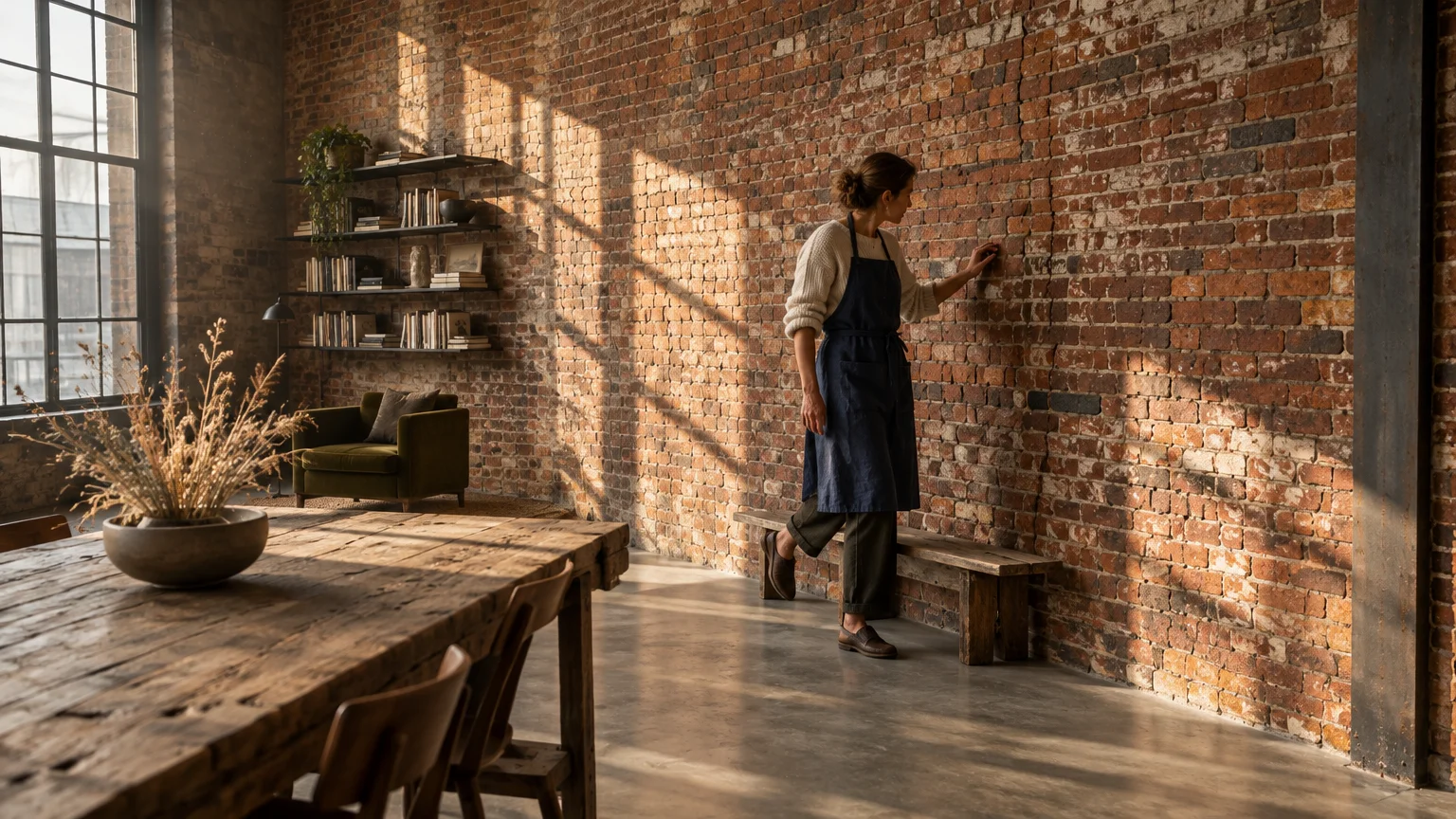 A woman in an apron touches a large exposed brick wall in a sunlit room with wooden furniture and tall windows.