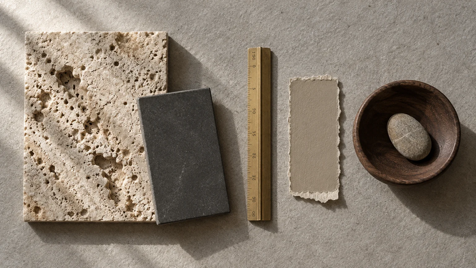 Flat lay of porous travertine, dark stone block, brass ruler, paper swatch, and pebble inside a carved wooden bowl.