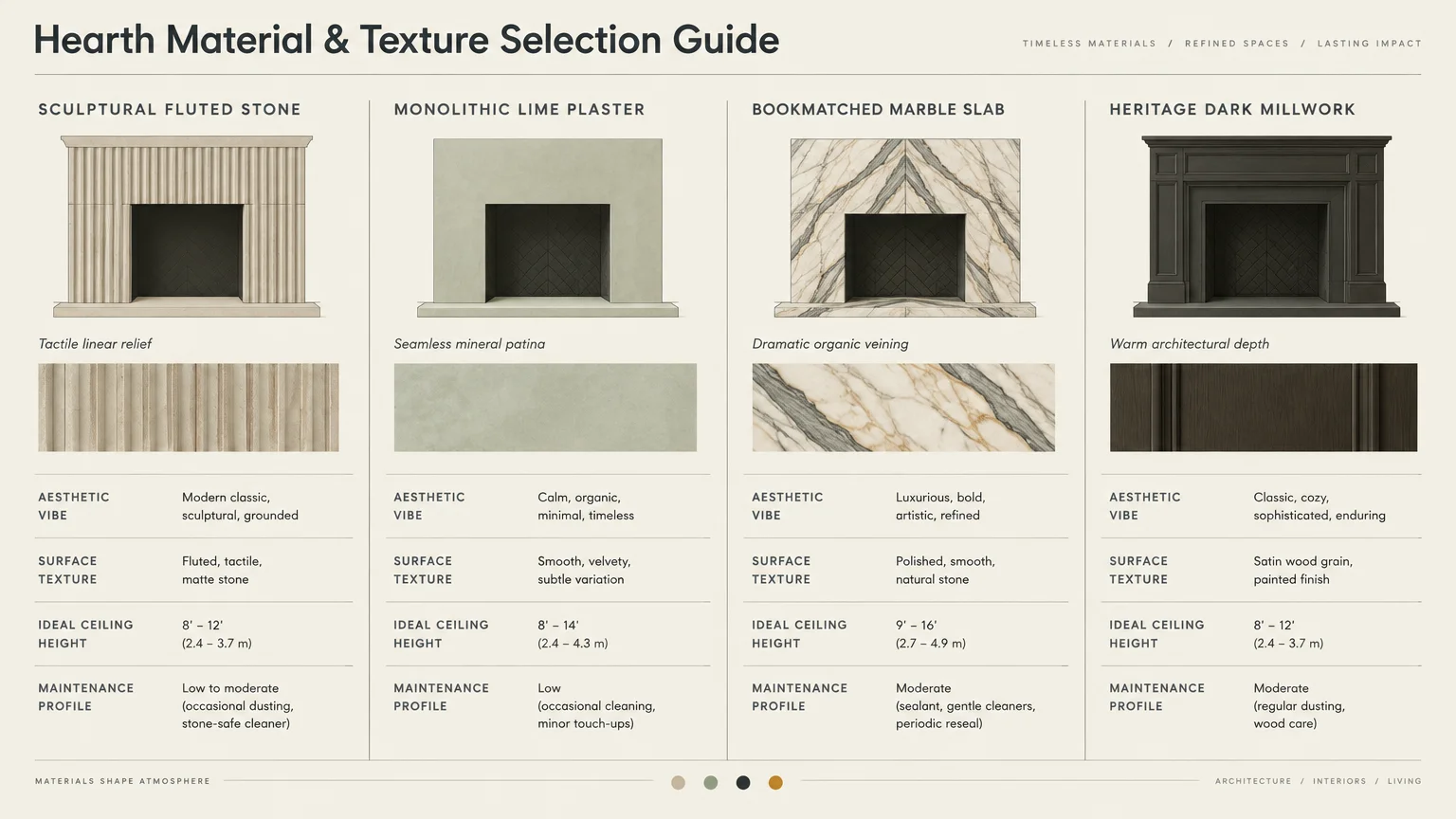 Hearth selection guide comparing fluted stone, lime plaster, marble slab, and dark millwork with specifications.