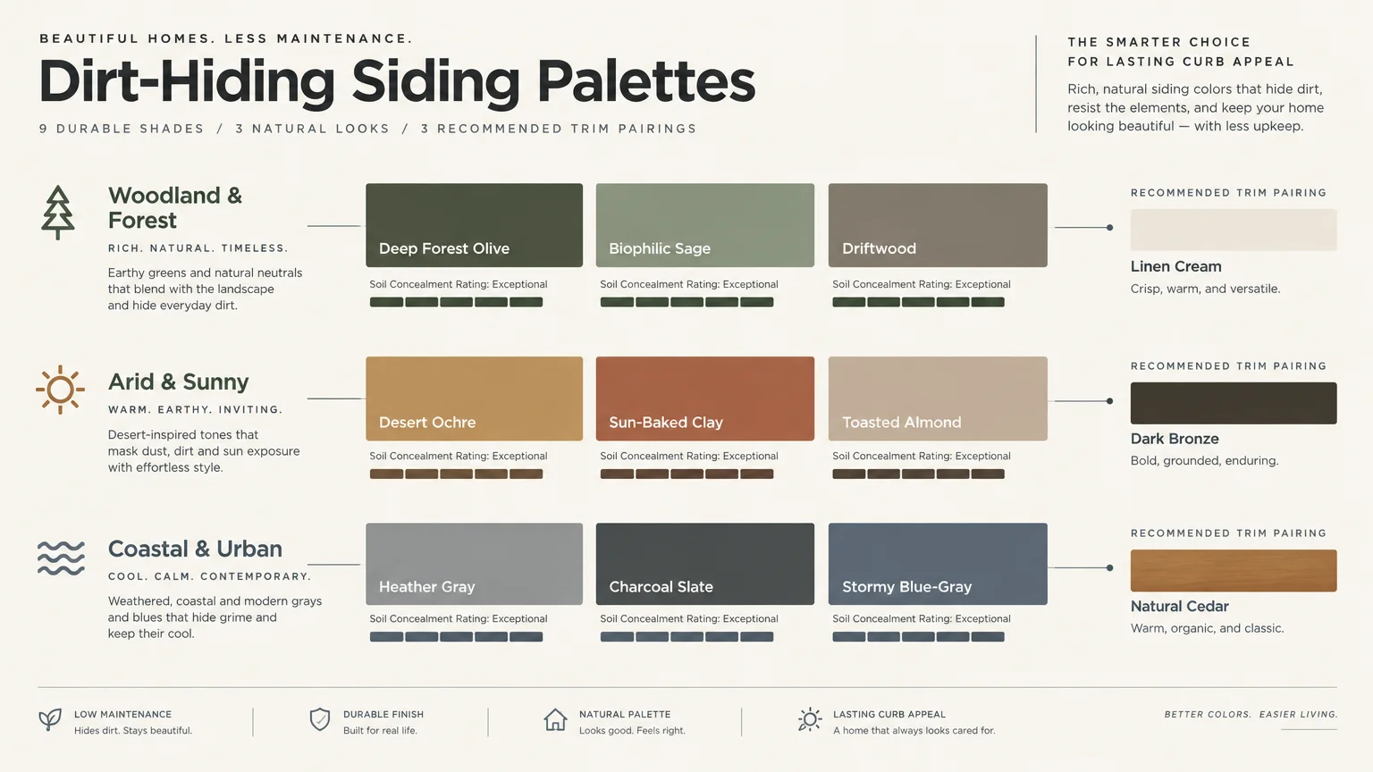 Chart of nine dirt-hiding siding palettes organized across woodland, arid, and coastal environments with trim pairings.