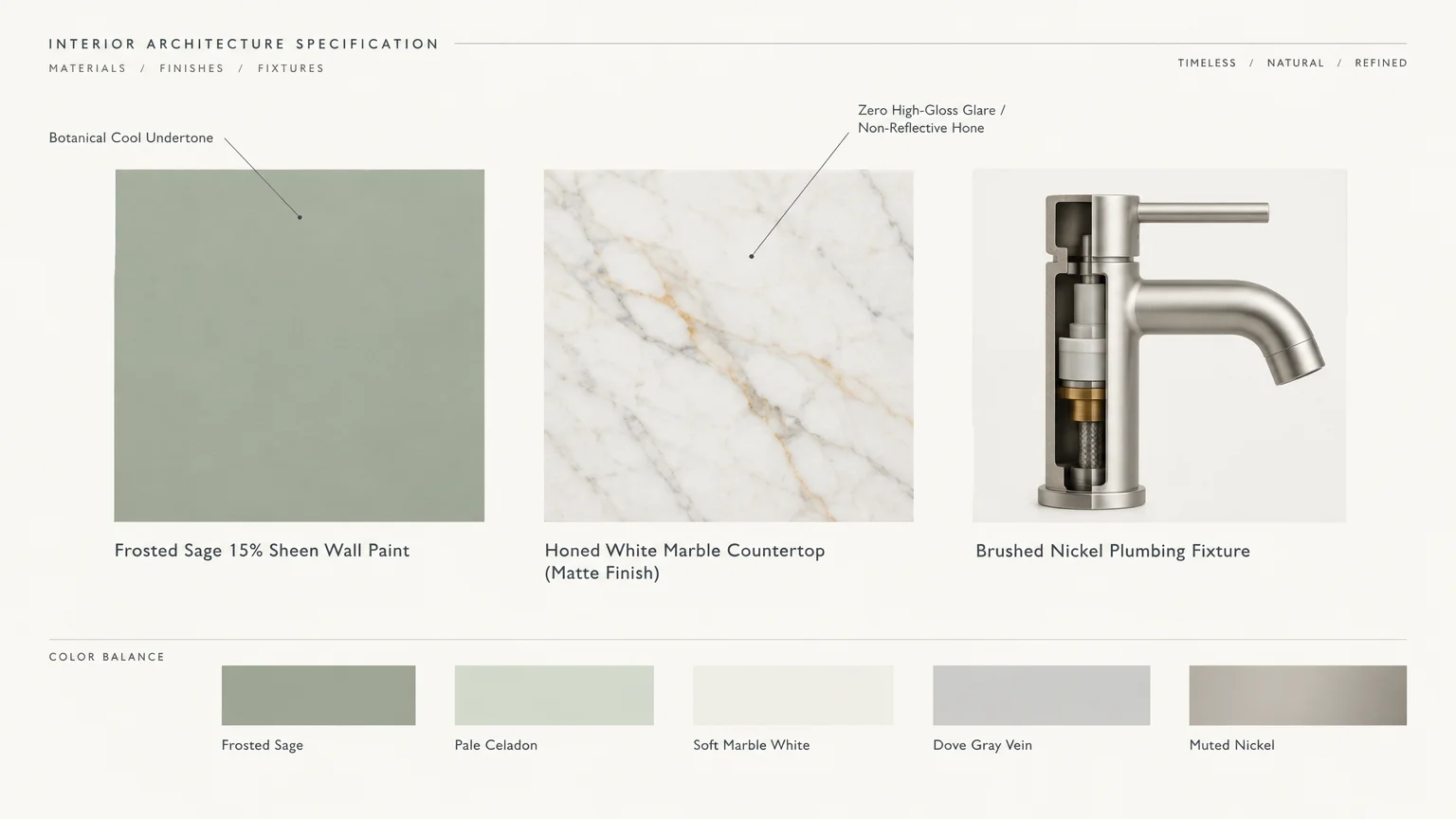 Specification board showing frosted sage paint, honed white marble, cutaway nickel faucet, and a color balance palette.