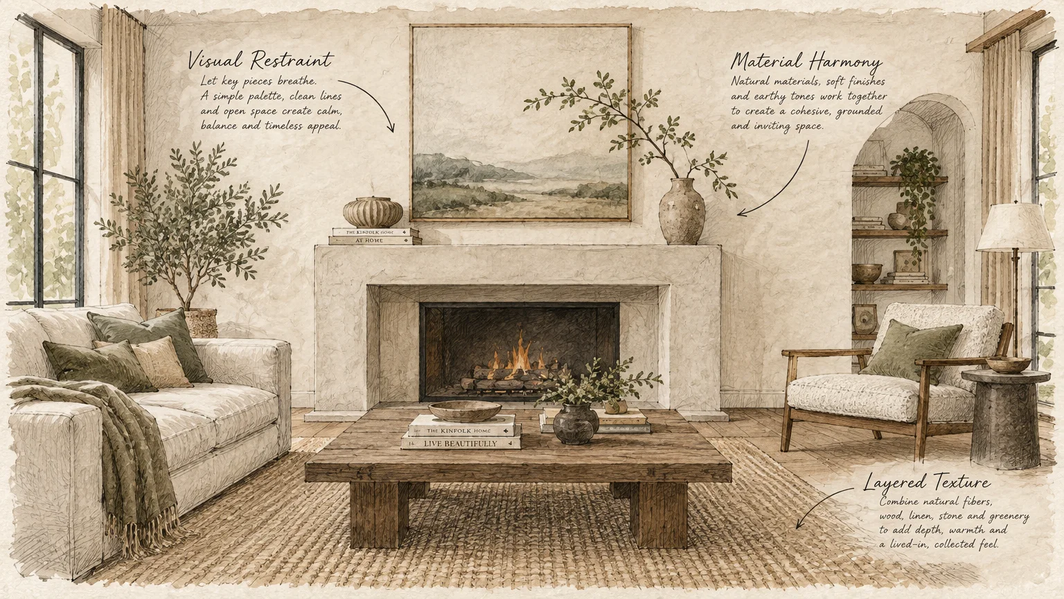 Illustration of a neutral living room with a stone fireplace, wooden coffee table, armchair, and design annotations.