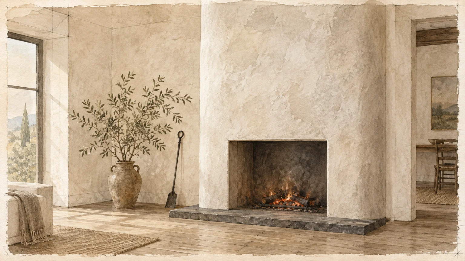 Watercolor sketch of a curved plaster fireplace surround with a lit firebox, stone hearth, and potted plant.