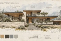 Architectural elevation sketch of a modern home with cantilevered overhangs, stone retaining walls, and material swatches.