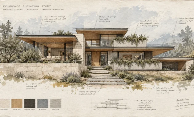 Architectural elevation sketch of a modern home with cantilevered overhangs, stone retaining walls, and material swatches.