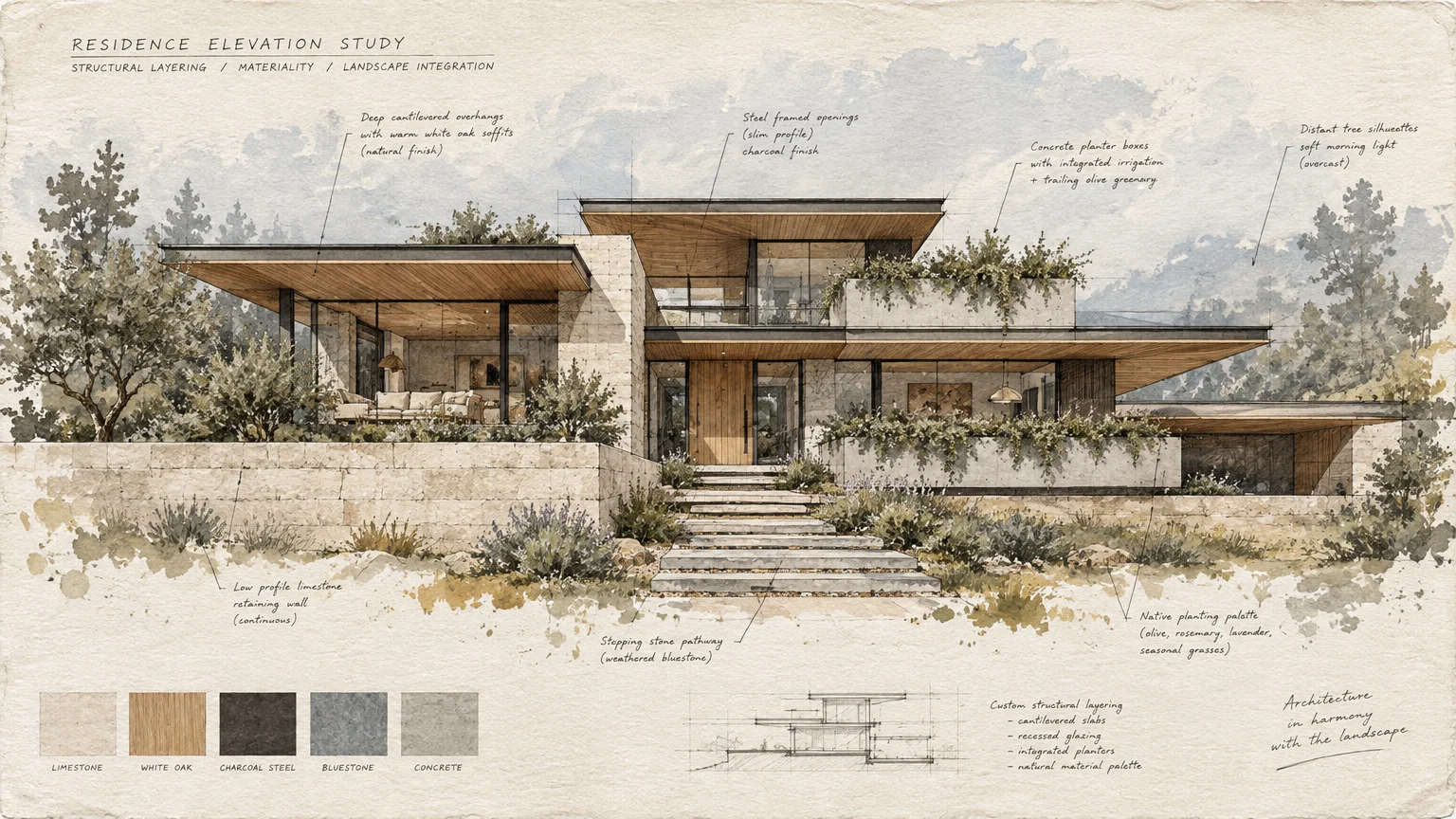 Architectural elevation sketch of a modern home with cantilevered overhangs, stone retaining walls, and material swatches.